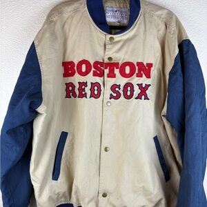 VTG MLB Boston Red Sox Canvas Beige Navy Sleeve Jacket Lined 3 pockets Size XL